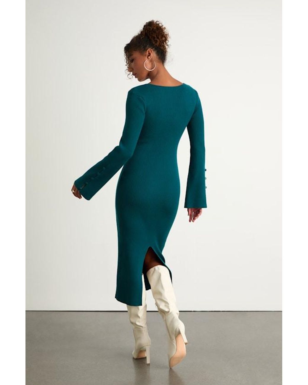 Lulus Blue Classy Attitude Emerald Ribbed Square Neck Midi Sweater Dress