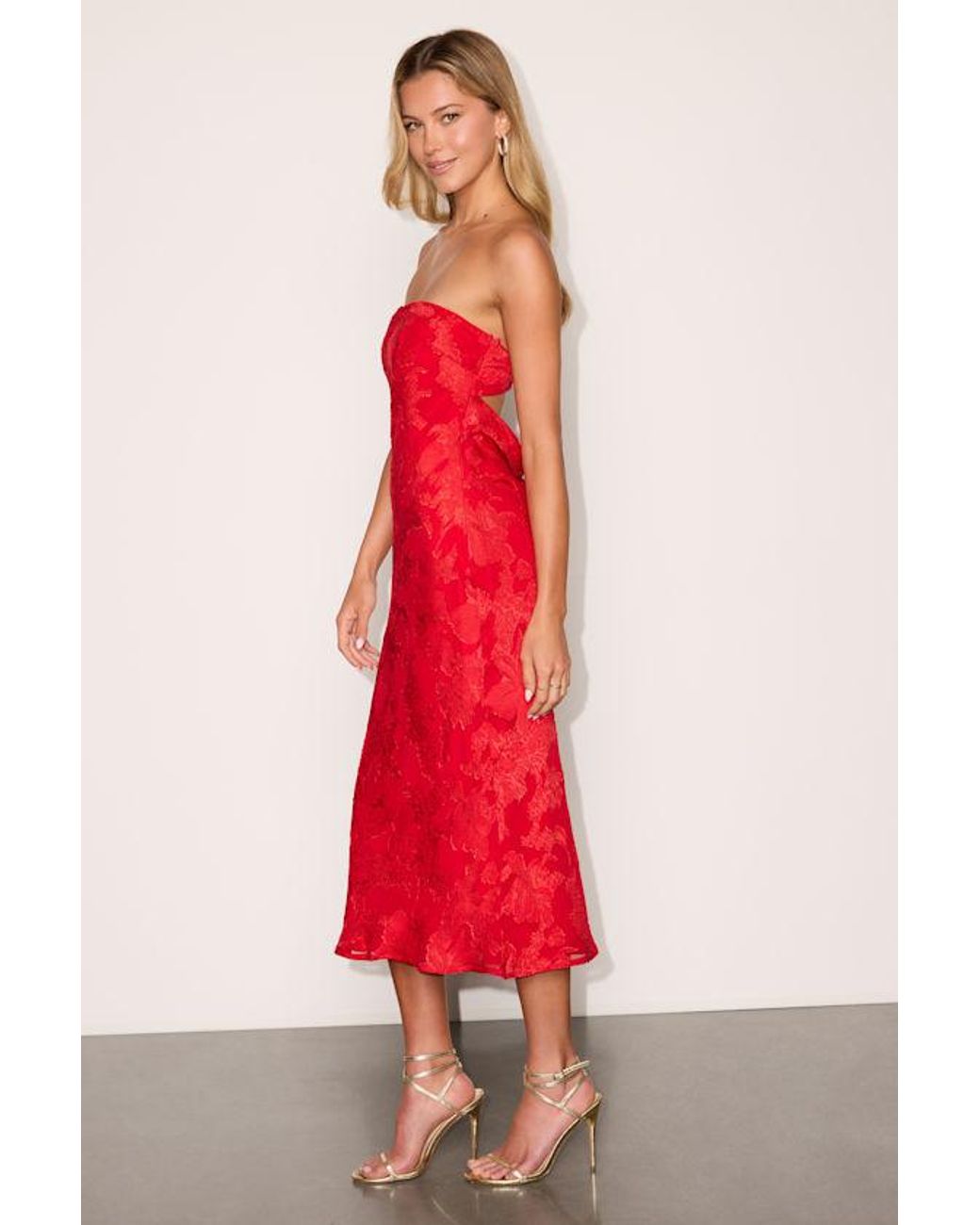 Lulus Red Letta Floral Jacquard Cowl Back Midi Dress
