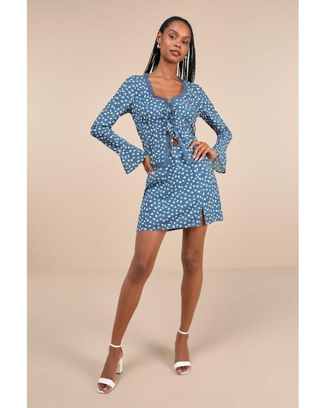 Lulus Blue Adorable Composure Floral Lace Tie-Front Long Sleeve Top