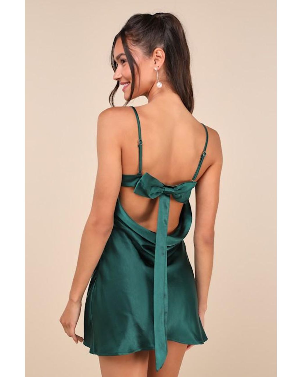 Lulus Blue Sincerest Elegance Emerald Satin Cowl Back Bow Mini Dress