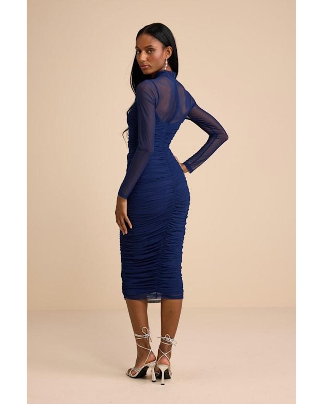 Lulus Blue Impressive Flirt Mesh Ruched Mock Neck Midi Dress