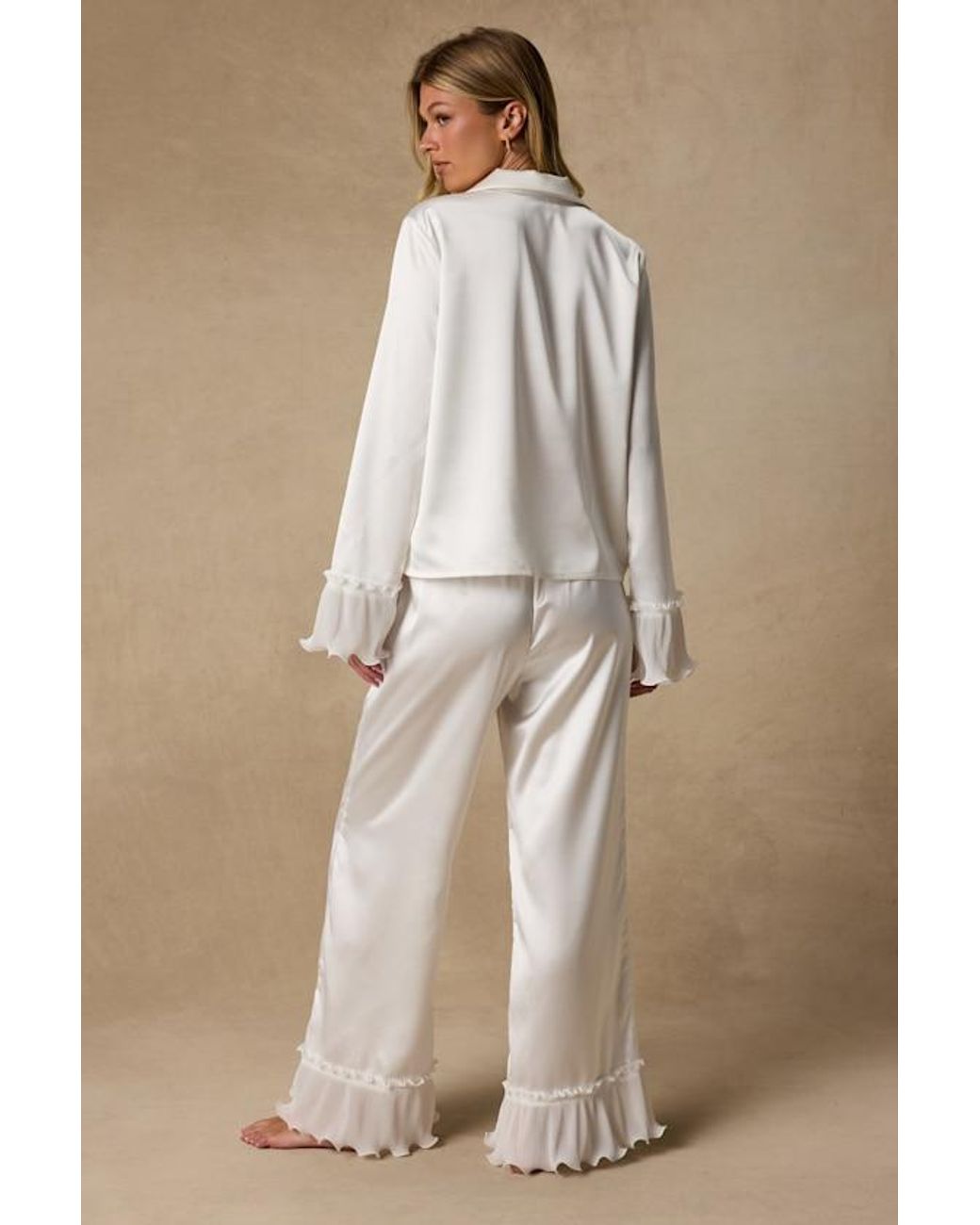 Lulus Natural Melanie Satin Ruffled Two-Piece Pajama Set