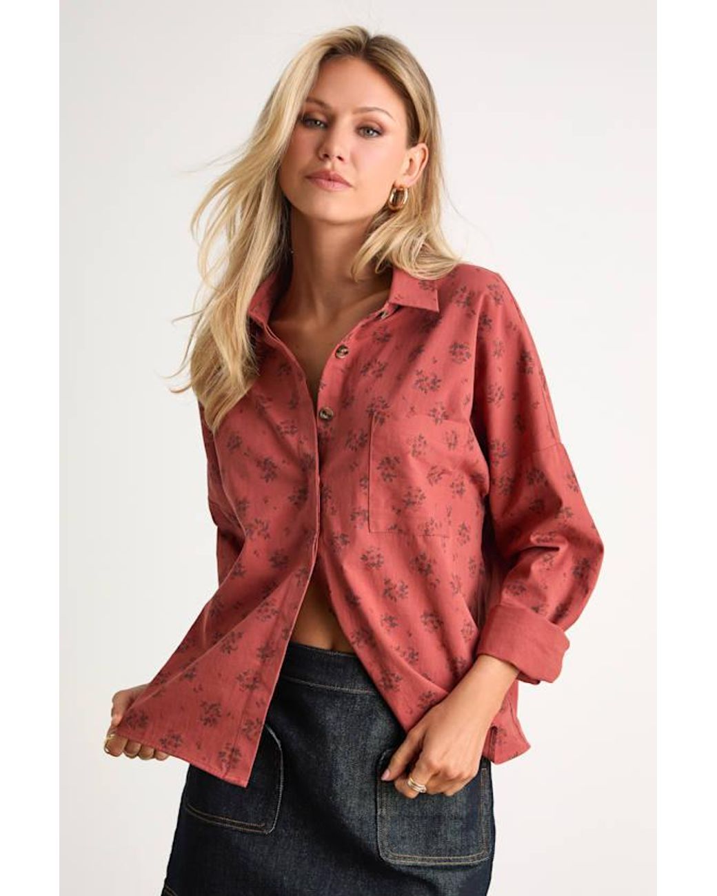 Lulus Red Amelia Dawn Floral Long Sleeve Button-Up Top