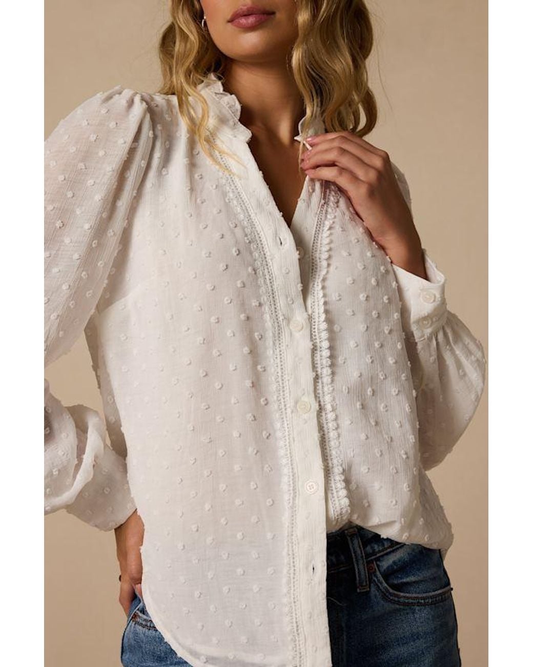 Lulus White Delightful Charm Swiss Dot Button-Up Long Sleeve Top
