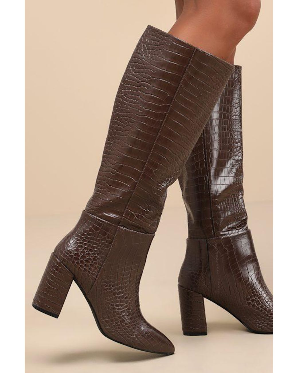 Lulus Brown Katari Espresso Croc-Embossed Pointed-Toe Knee High Boots