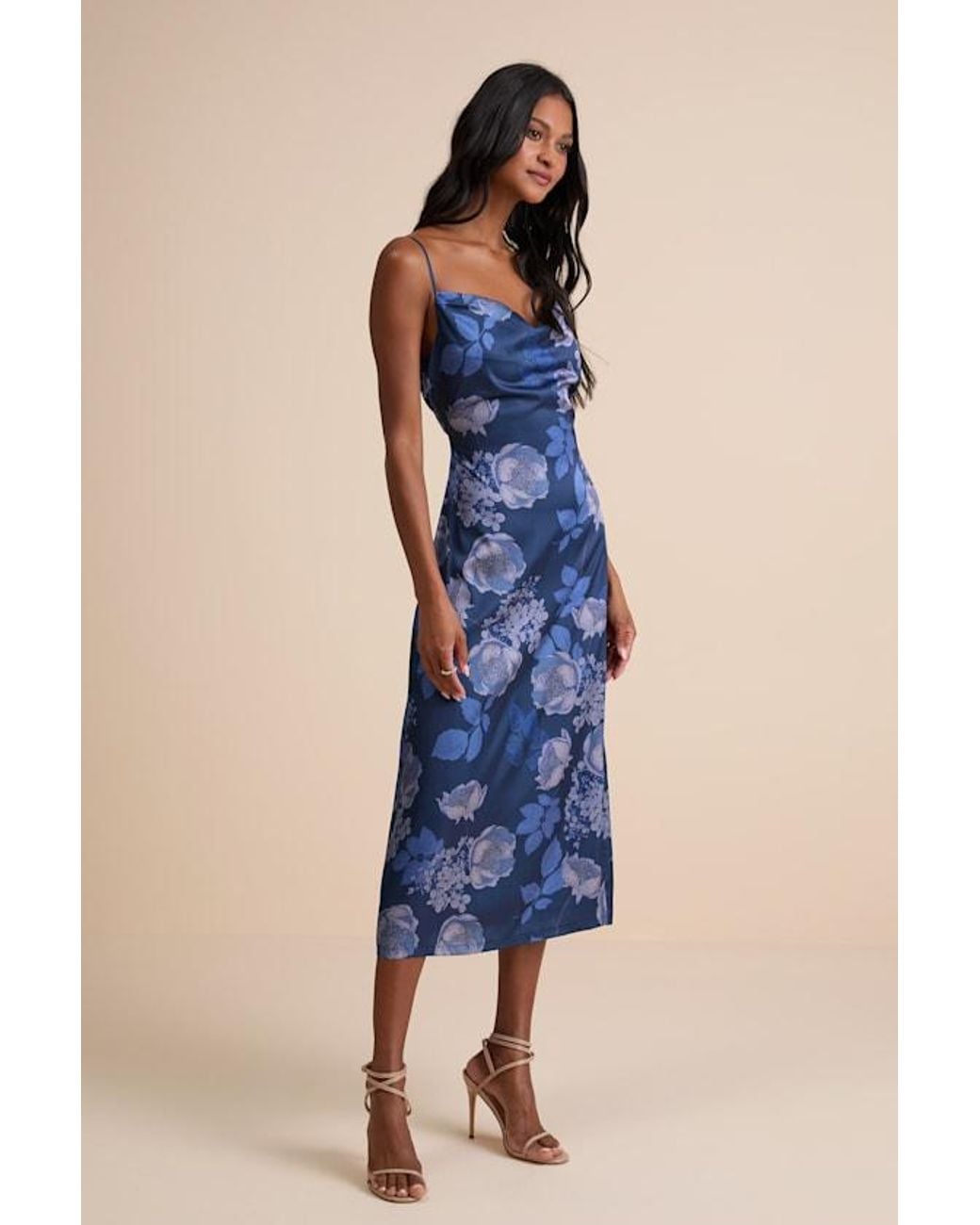 Lulus Blue Favorite Icon Floral Satin Cowl Neck Slip Midi Dress
