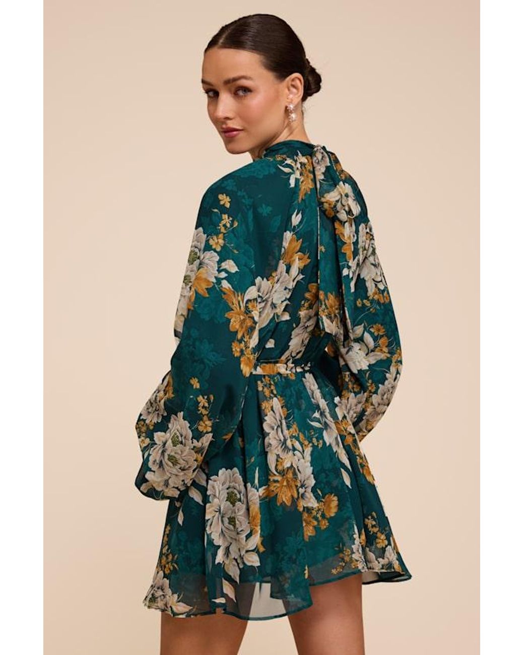 Lulus Green Lata Emerald Floral Mock Neck Belted Mini Dress