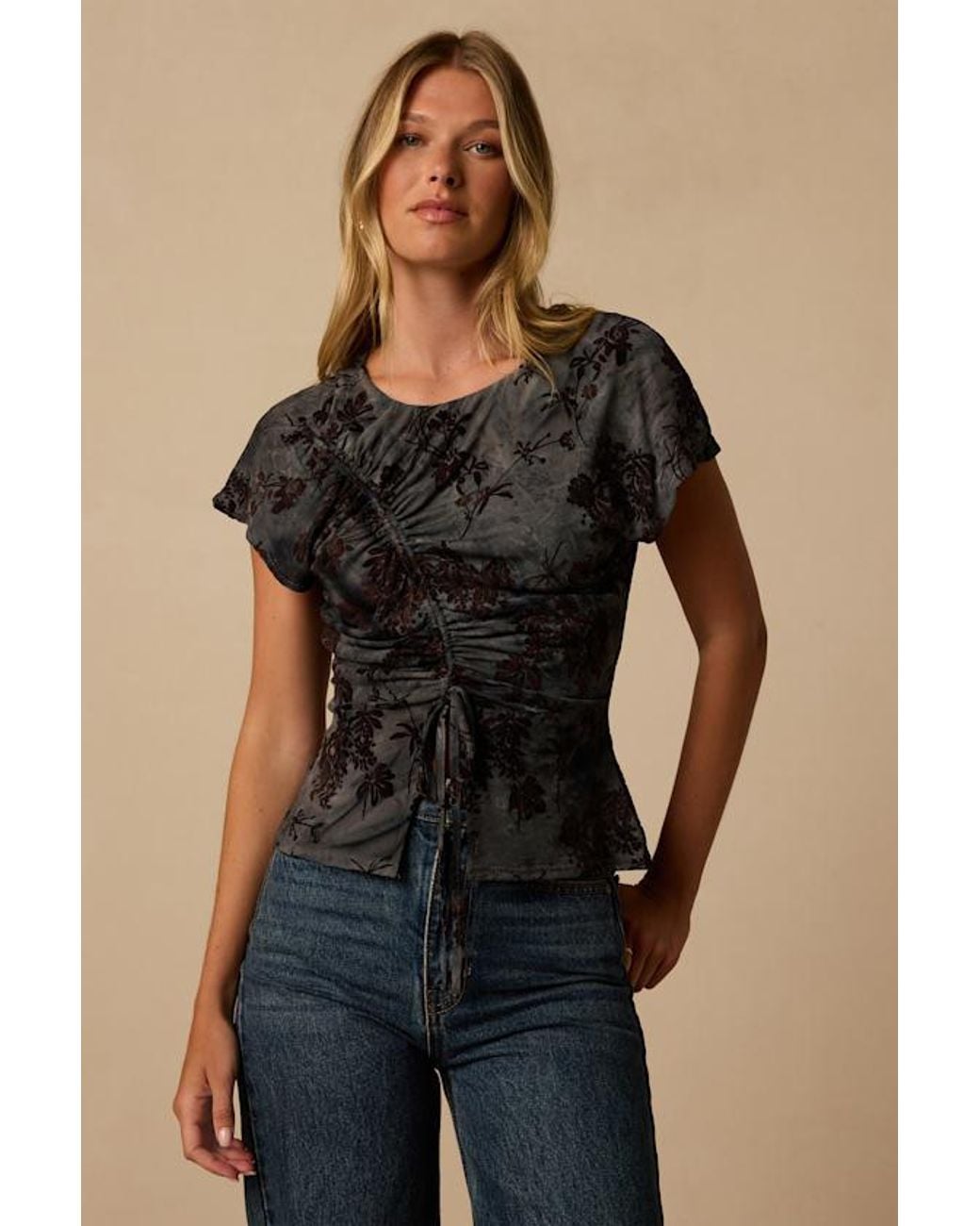 Lulus Black Misty Velvet Floral Drawstring Top