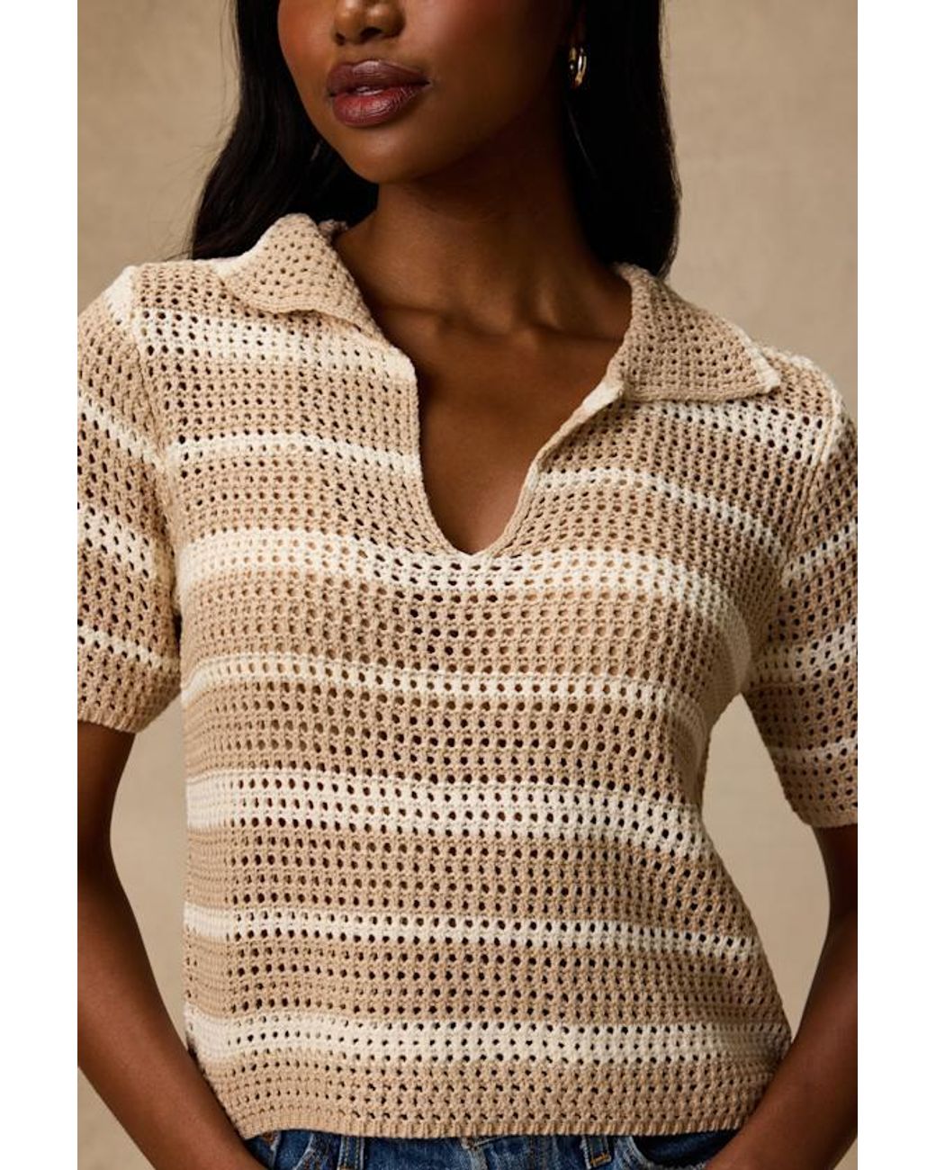 Lulus Natural Bebe Striped Crochet Collared Top