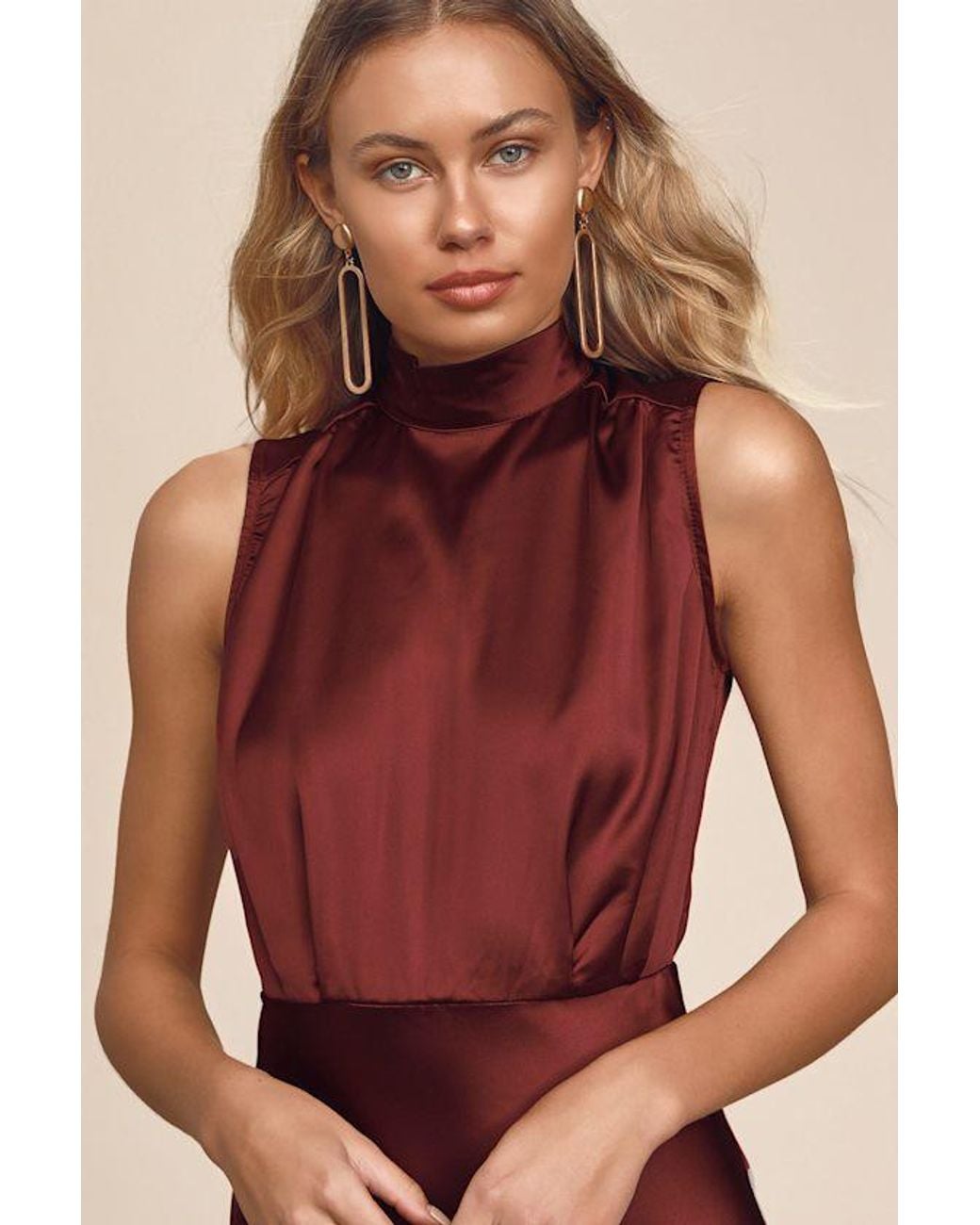 classic elegance wine satin sleeveless mock neck maxi dress Lulus in Red robe dress