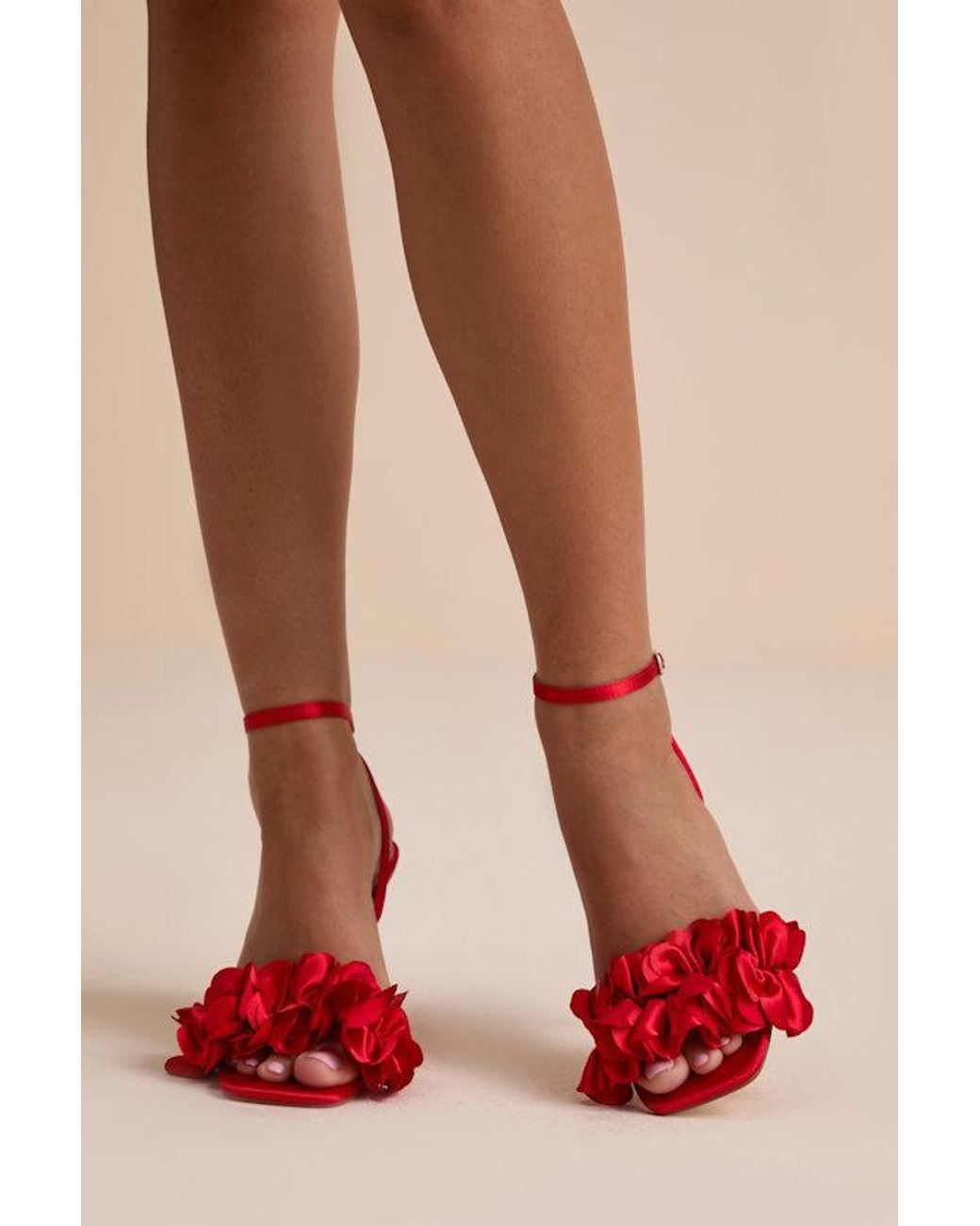 Lulus Red Kappa Satin Ruffled Ankle Strap High Heel Sandals