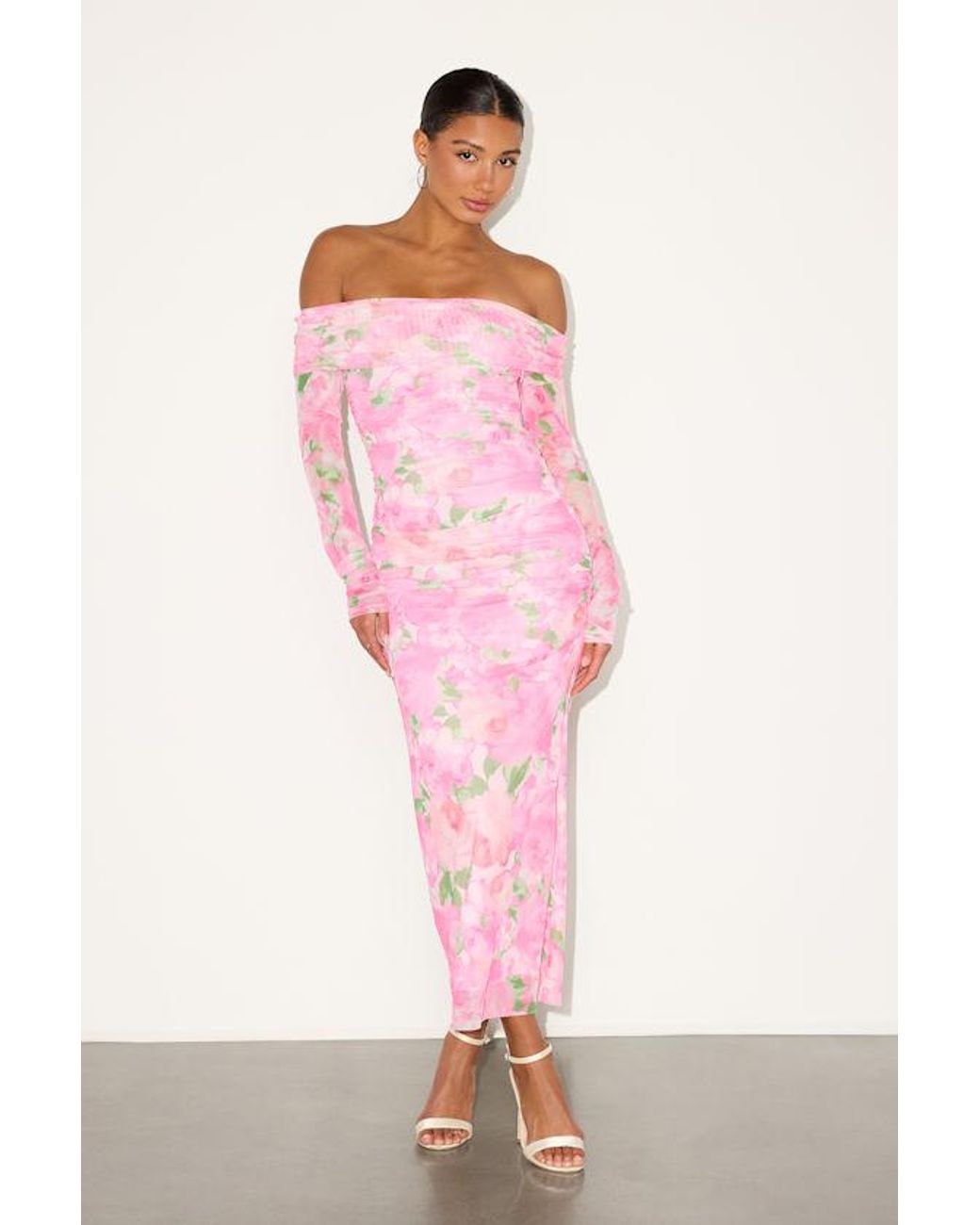 Lulus Pink Amorette Floral Mesh Off-The-Shoulder Maxi Dress