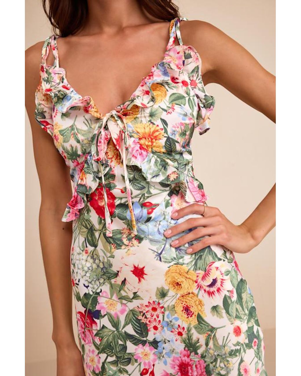 Lulus White Clelia Multi Floral Satin Ruffled Tie-Strap Midi Dress