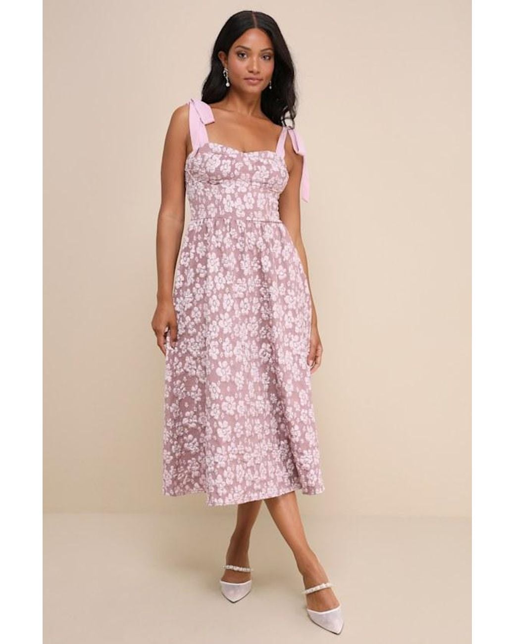 Lulus Pink Bubbly Bliss Jacquard Bustier Tie-Strap Midi Dress