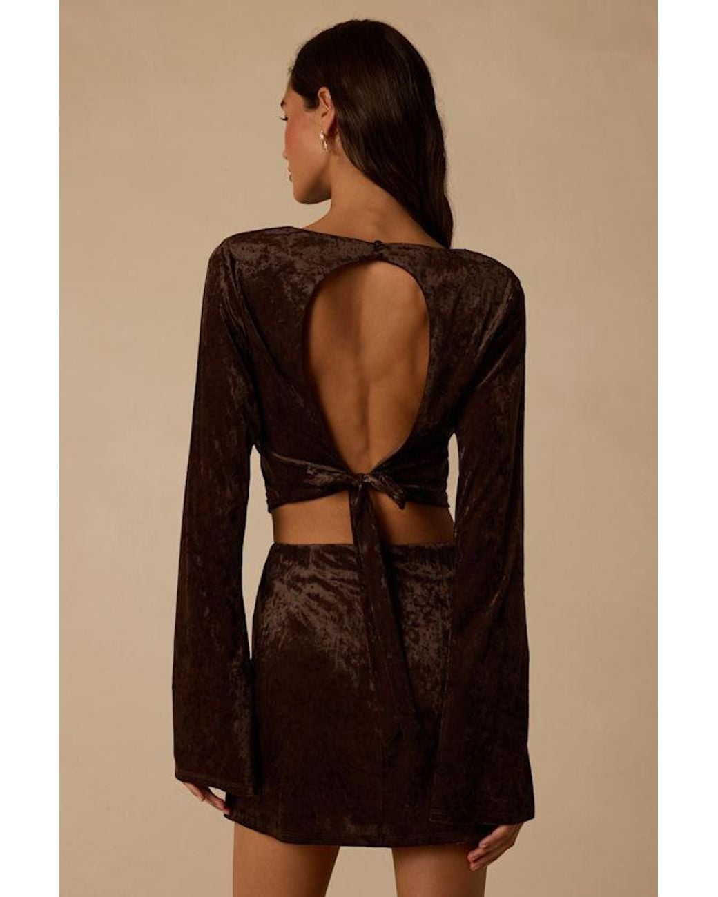 Lulus Brown Talaria Velvet Cutout Long Sleeve Crop Top