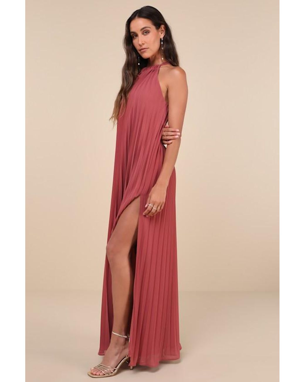 Lulus Red Exceptionally Elegant Rusty Rose Pleated Chiffon Maxi Dress