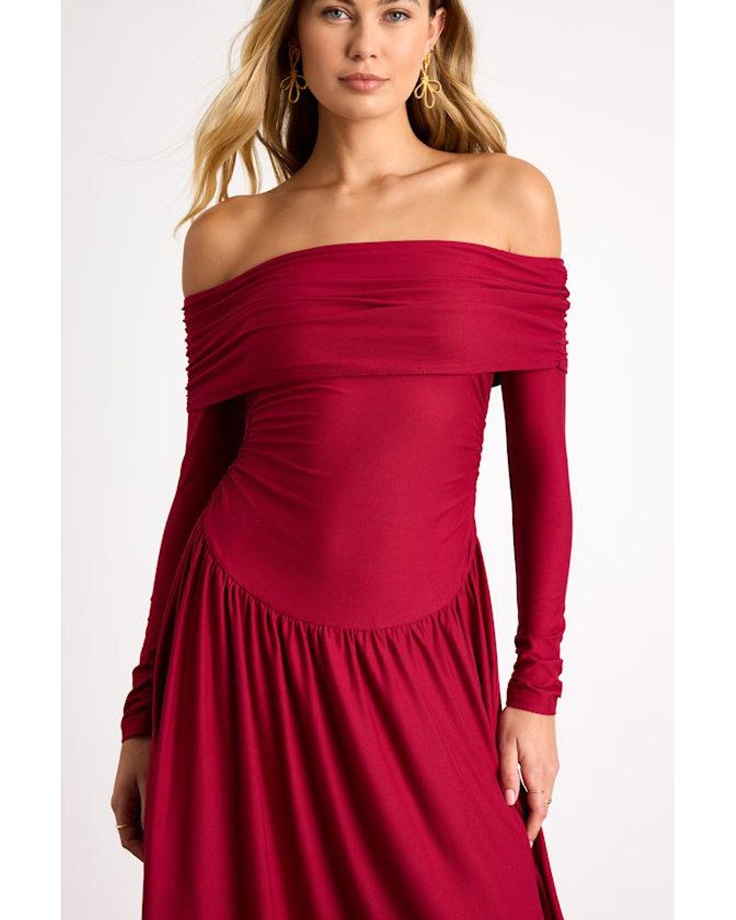 Lulus Red Sescca Off-The-Shoulder Jersey Knit Maxi Dress