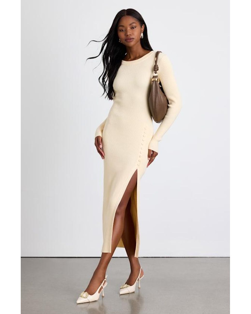 Lulus Natural Refined Attitude Cream Ribbed Side Button Midi Sweater Dress