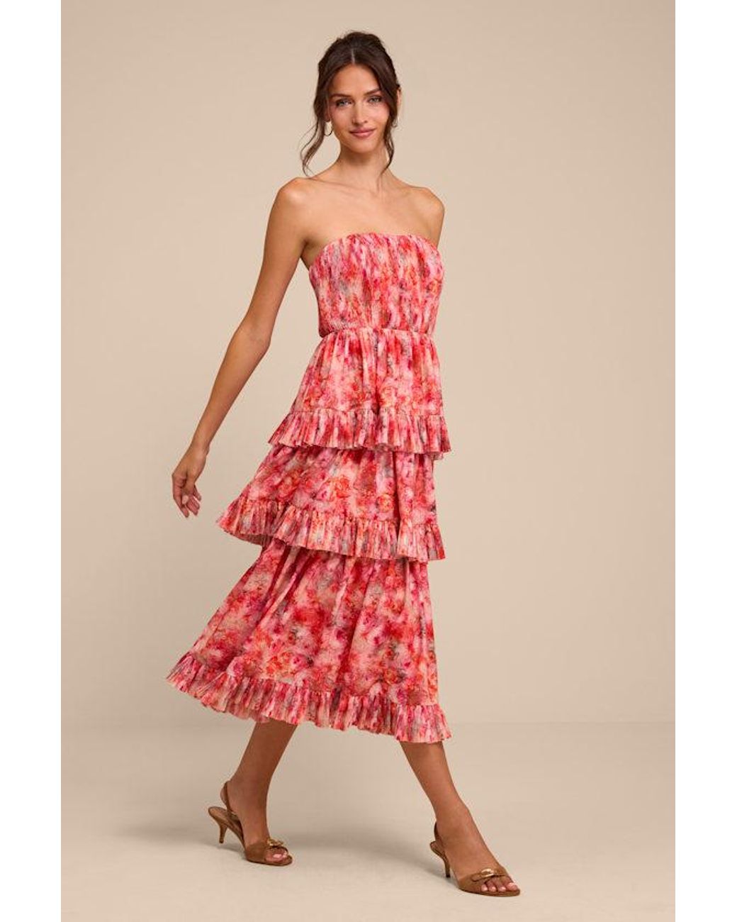 Lulus Lou Multi Floral Tiered Midi Dress