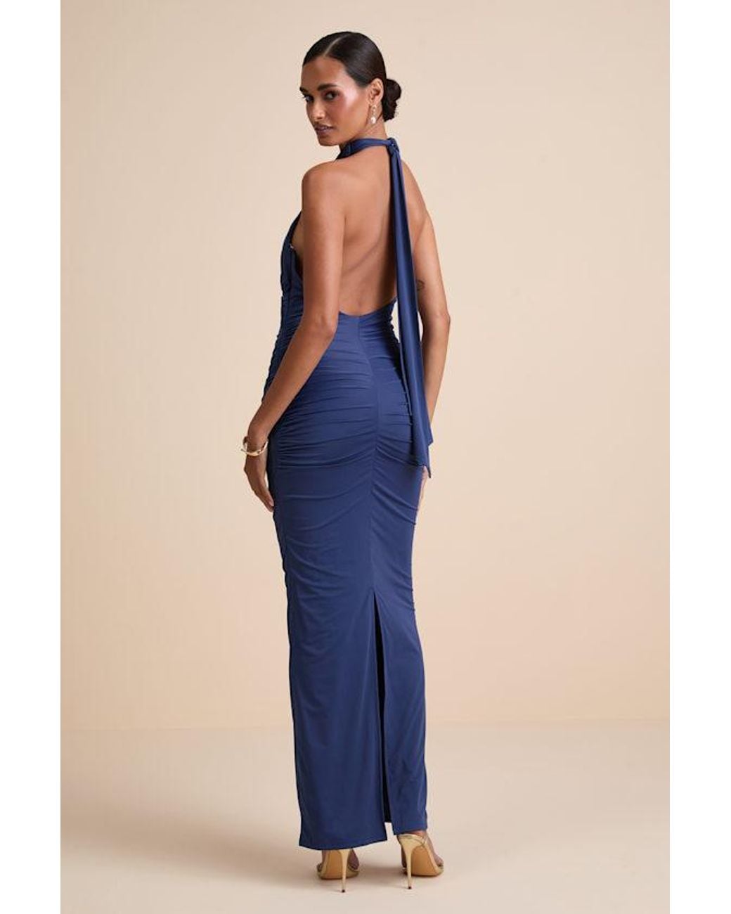 Lulus Blue Seraiah Knotted Ruched Halter Maxi Dress