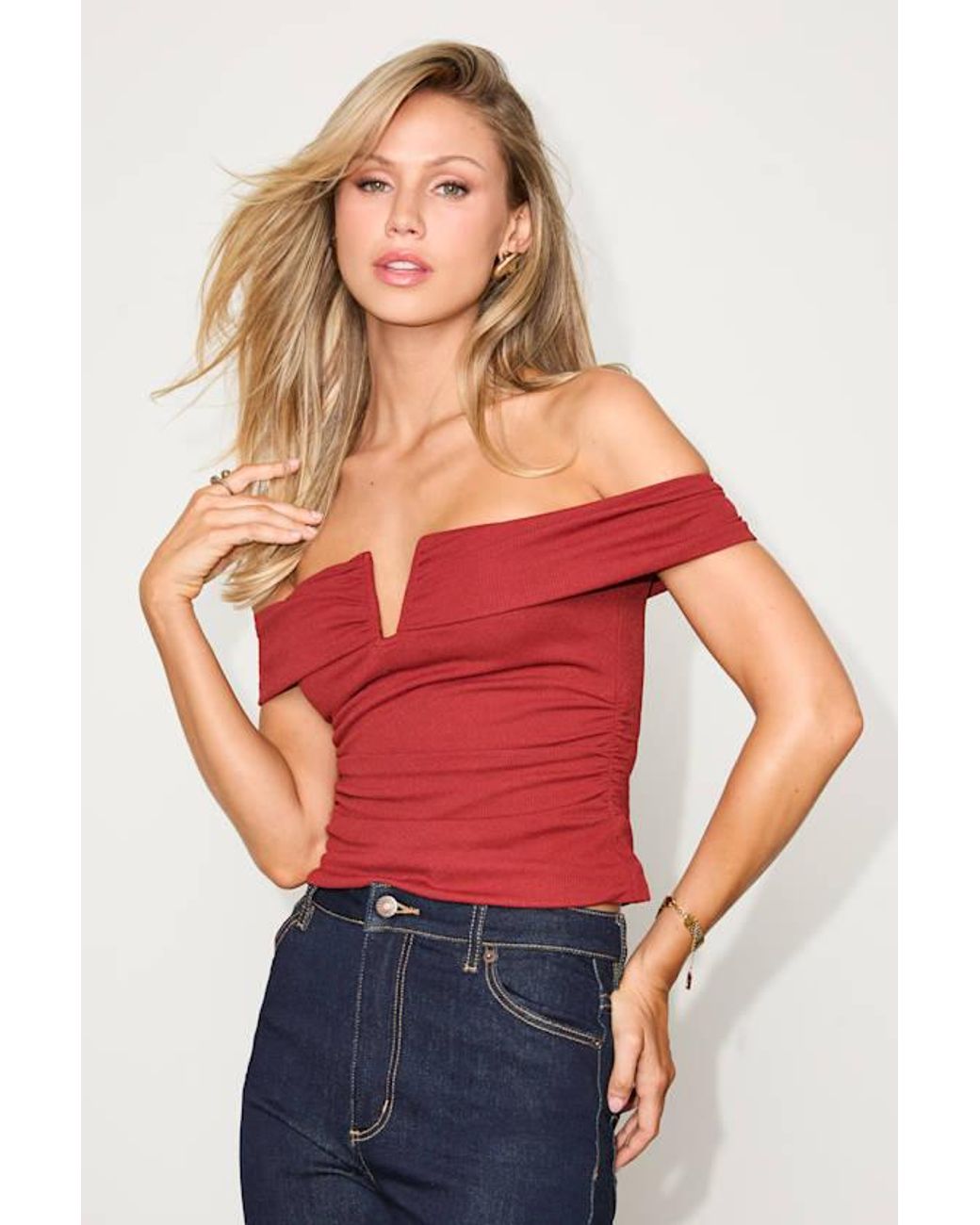 Lulus Red Reema Ribbed Notched Off-The-Shoulder Top