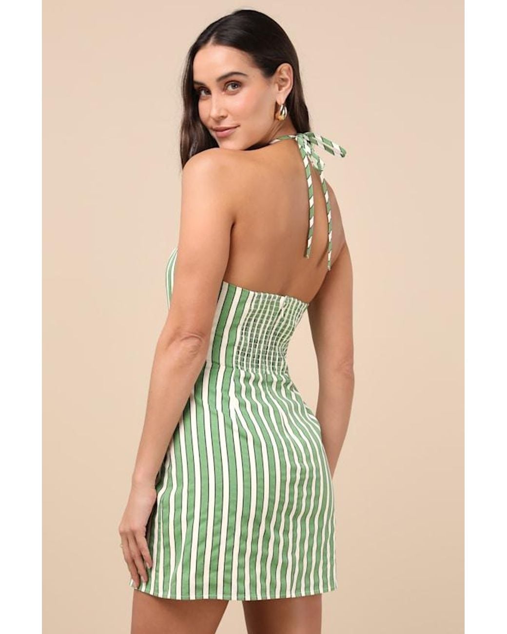 Lulus Green Madelia Striped Halter Mini Dress