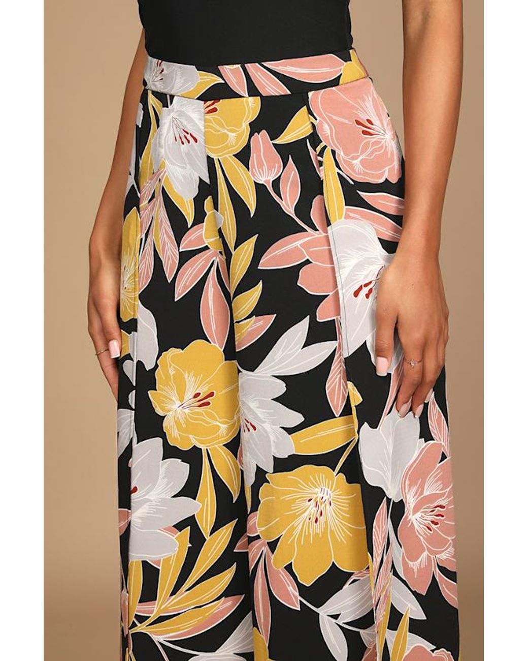 Lulus Natural Blissful Vacay Floral Print Side Slit Pants