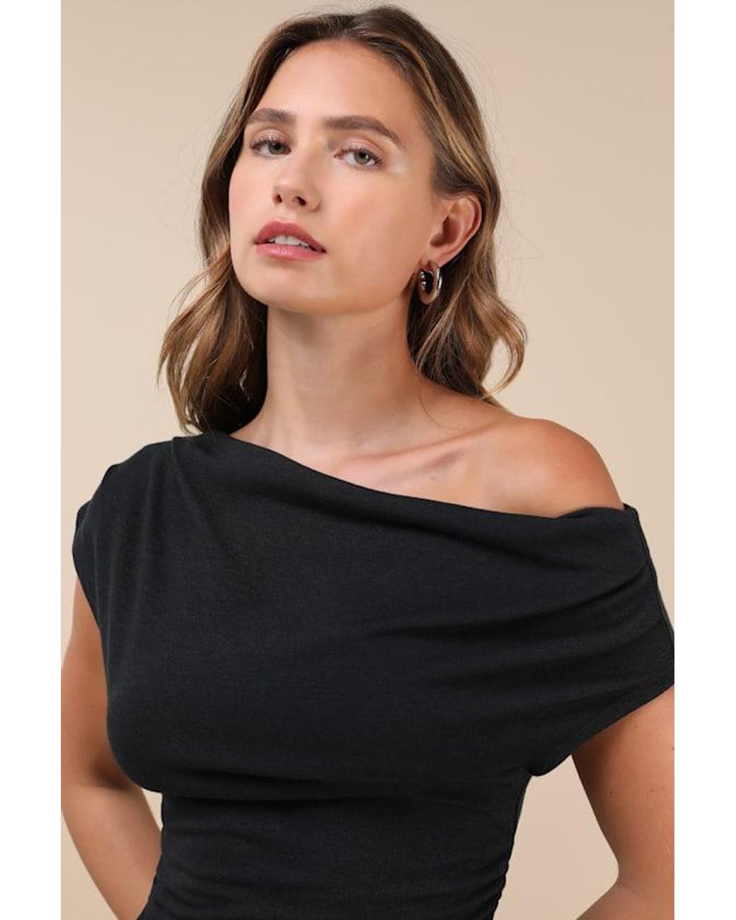 Lulus Black Expert Poise Ruched One-Shoulder Top