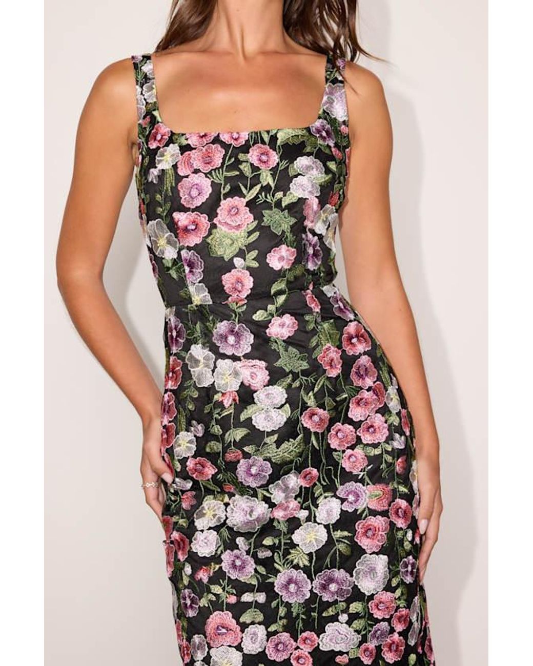 Lulus Pink Alette Multi Floral Embroidered Column Midi Dress