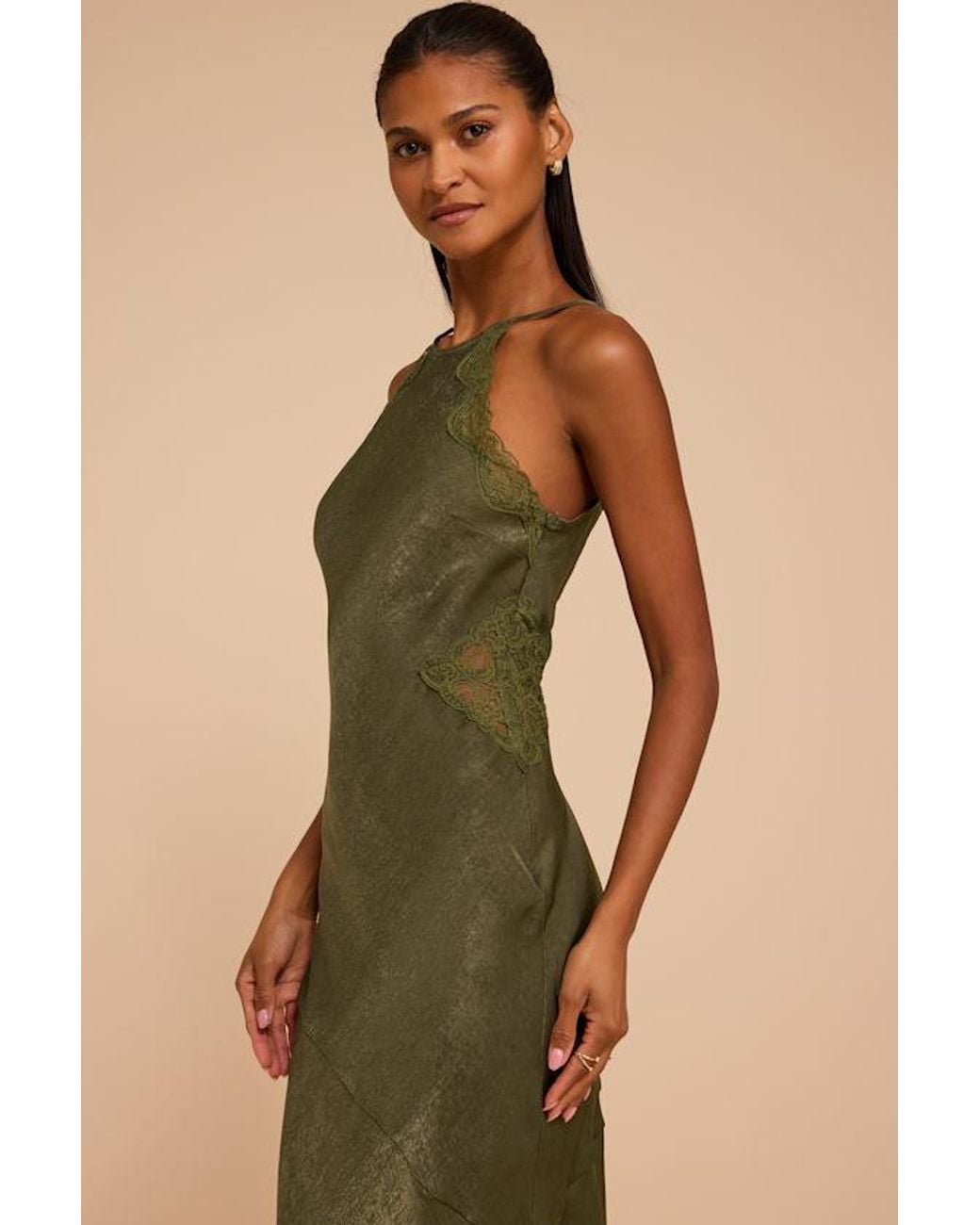Lulus Natural Raye Satin Lace Maxi Dress