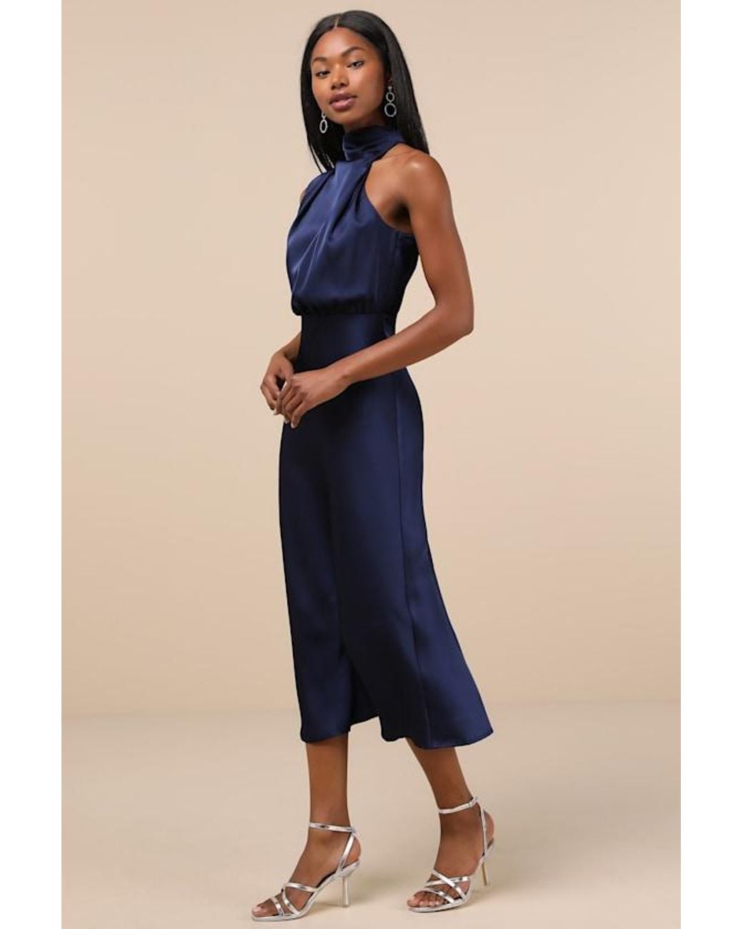 Lulus Blue Distinctive Charm Satin Asymmetrical Midi Dress
