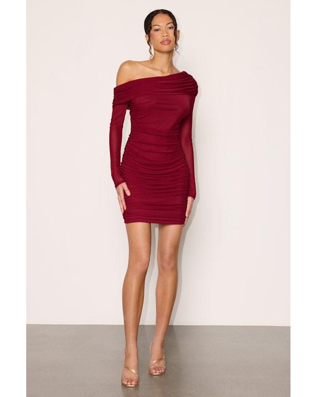 Lulus Red Darla Mesh One-Shoulder Long Sleeve Mini Dress