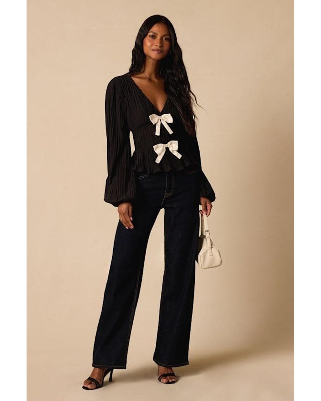 Lulus Black Yvetta Plisse Balloon Sleeve Bow Top