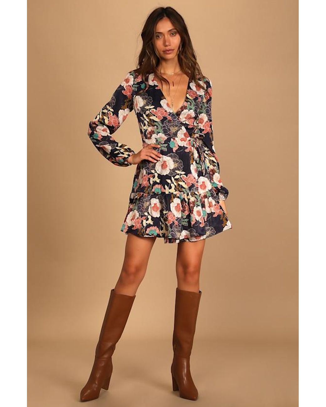 Lulus Natural So Splendid Floral Satin Long Sleeve Wrap Dress