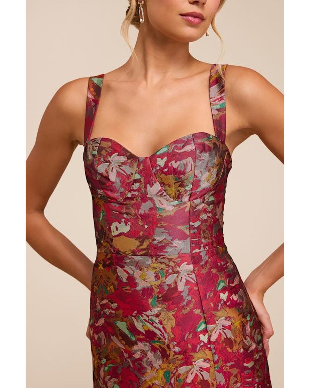 Lulus Red Demina Dark Floral Jacquard Bustier Maxi Dress