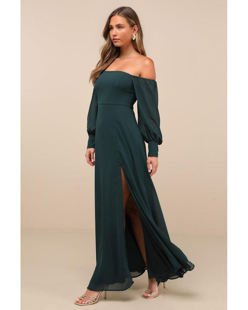Lulus Green Feel The Romance Off-The-Shoulder Maxi Dress