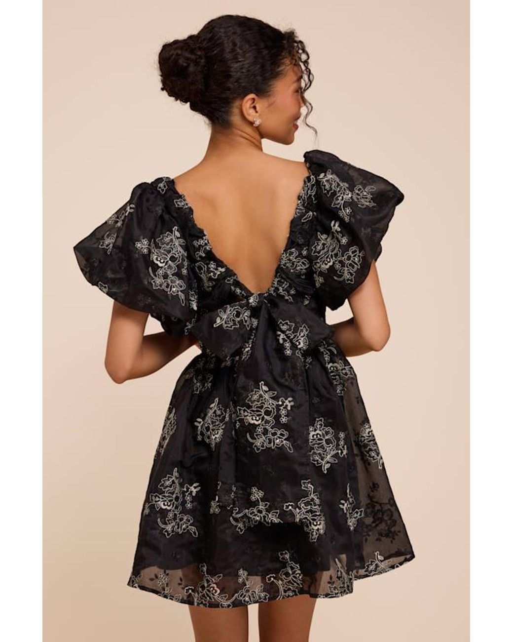 Lulus Black Cathaysa Embroidered Puff Sleeve Bow Mini Dress