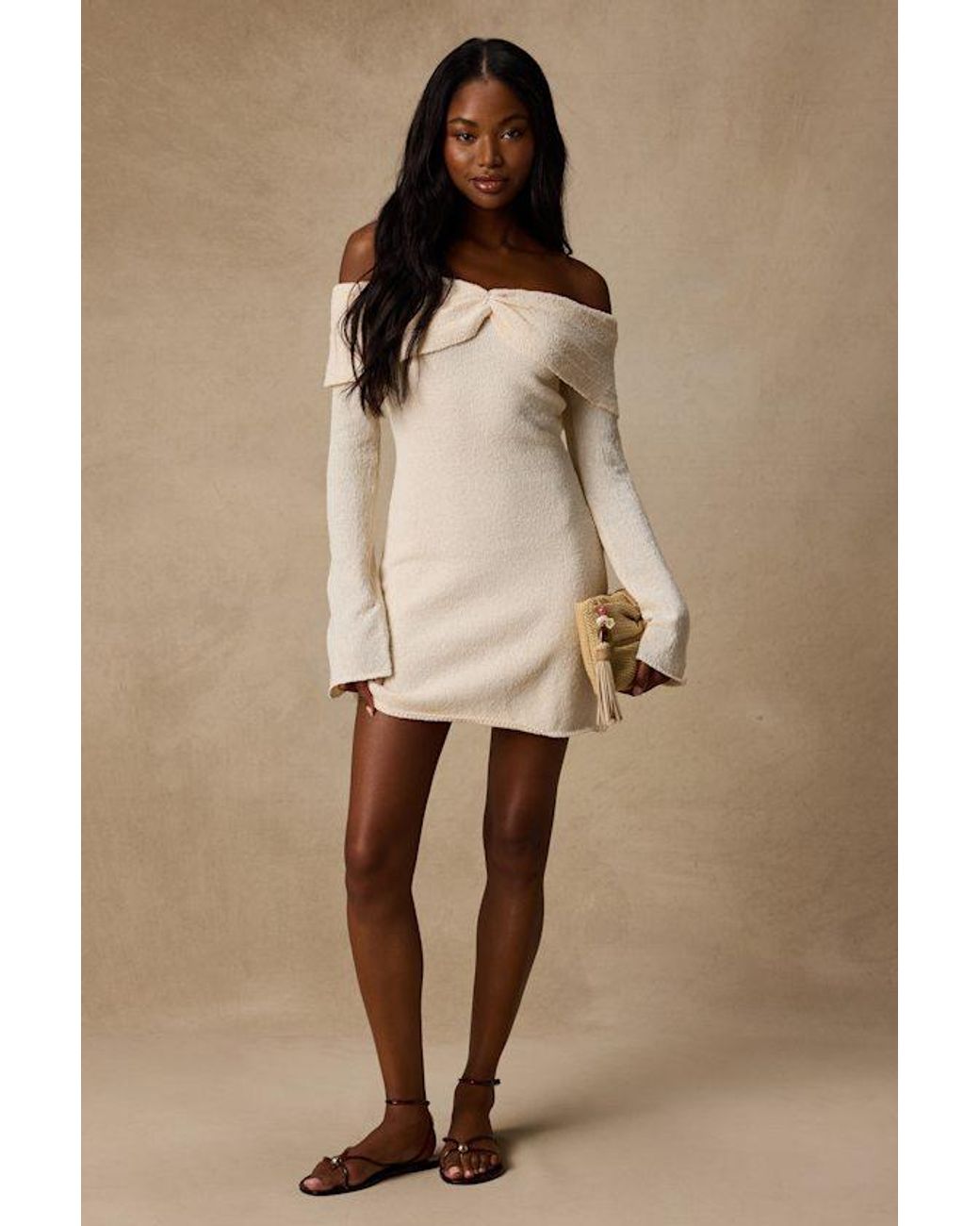 Lulus Natural Pemryn Cream Off-The-Shoulder Mini Sweater Dress