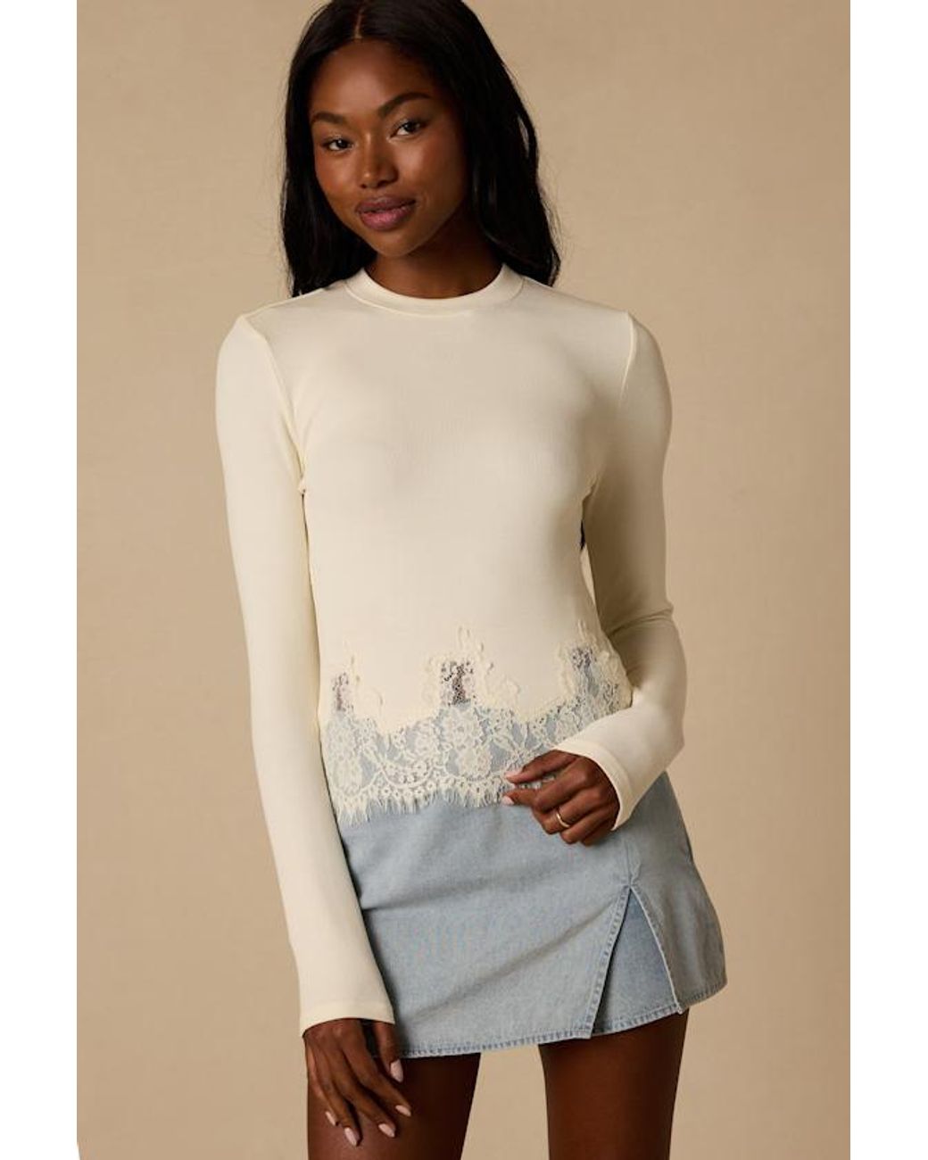 Lulus Natural Clarise Ribbed Knit Lace Long Sleeve Top