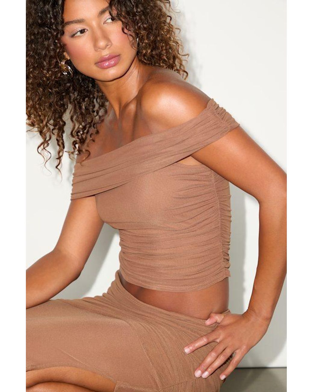 Lulus Brown Cadie Mesh Off-The-Shoulder Top