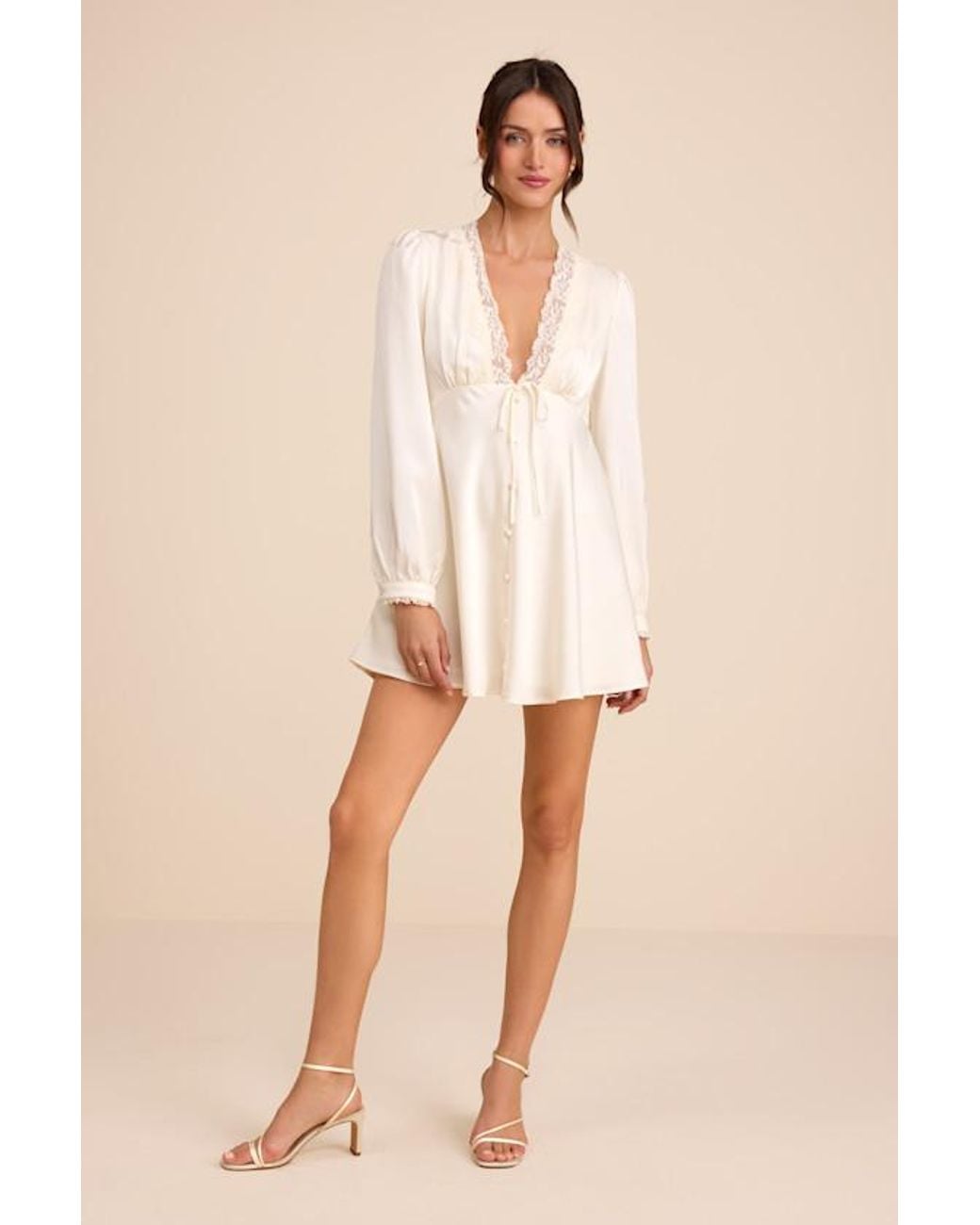 Lulus Natural Goldia Satin Long Sleeve Babydoll Mini Dress