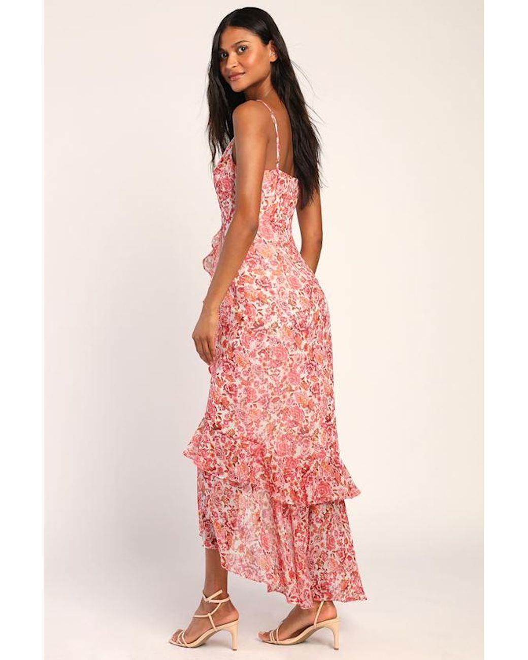 Lulus Red Always Enchanting Floral Metallic Ruffled High-Low Dress