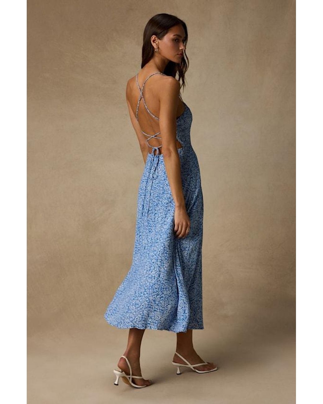 Lulus Blue Charming Dedication Floral Sleeveless Lace-Up Midi Dress