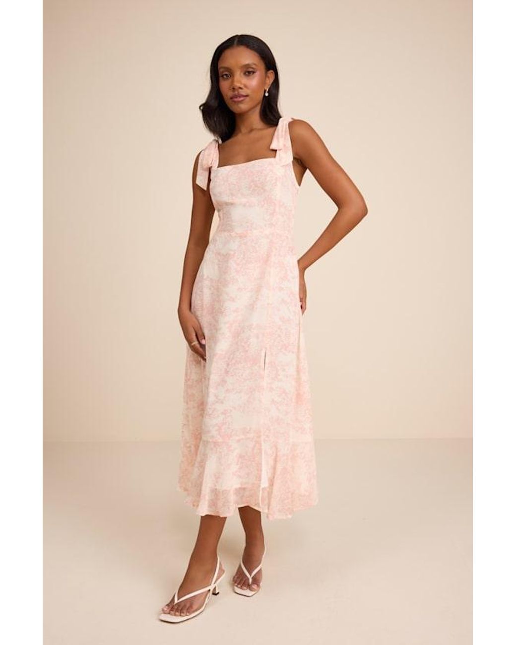 Lulus Natural Summer Invite And Toile Tie-Strap Tiered Midi Dress