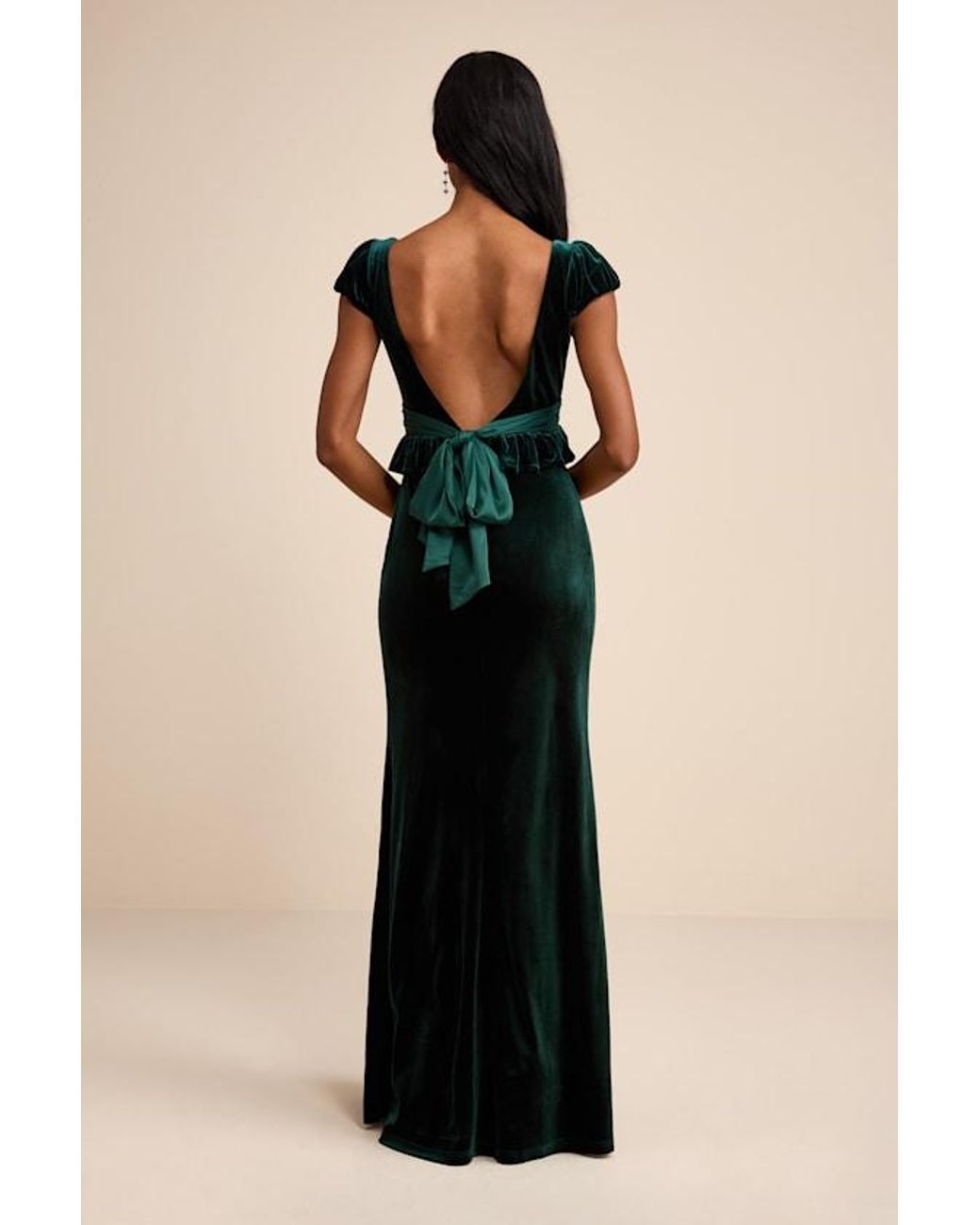 Lulus Black Romari Emerald Velvet Ruffled Puff Sleeve Bow Maxi Dress