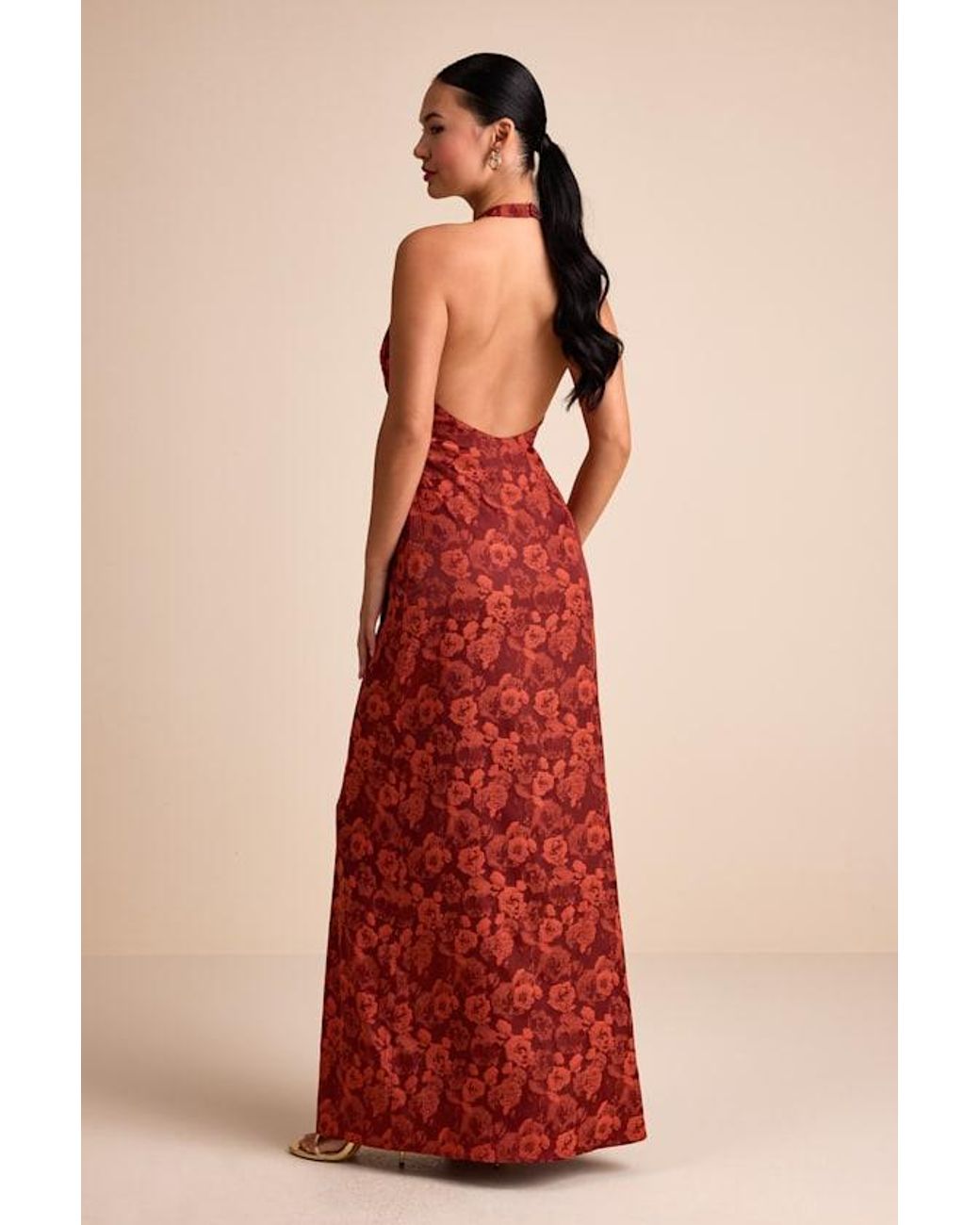 Lulus Red Alaria Rust Satin Jacquard Halter Neck Maxi Dress