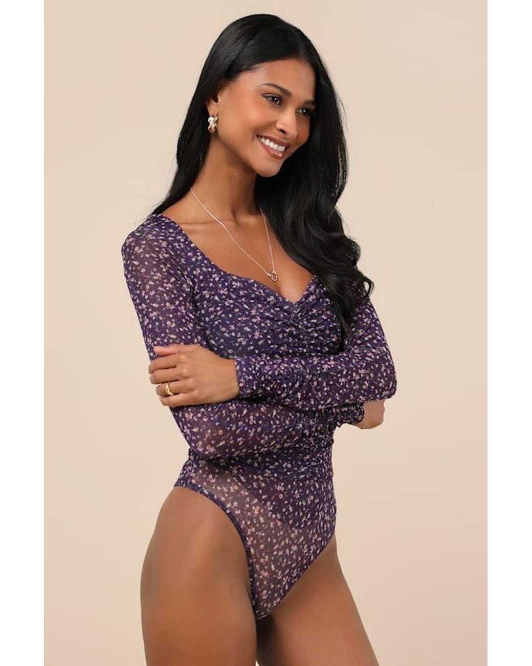 Lulus Blue Adoring Desire Dark Floral Print Mesh Ruched Bodysuit