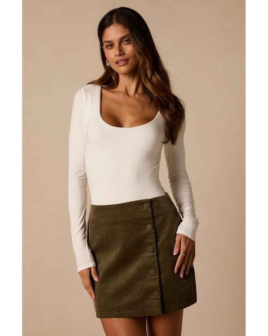 Lulus Natural Katherina Button Front Corduroy Skirt