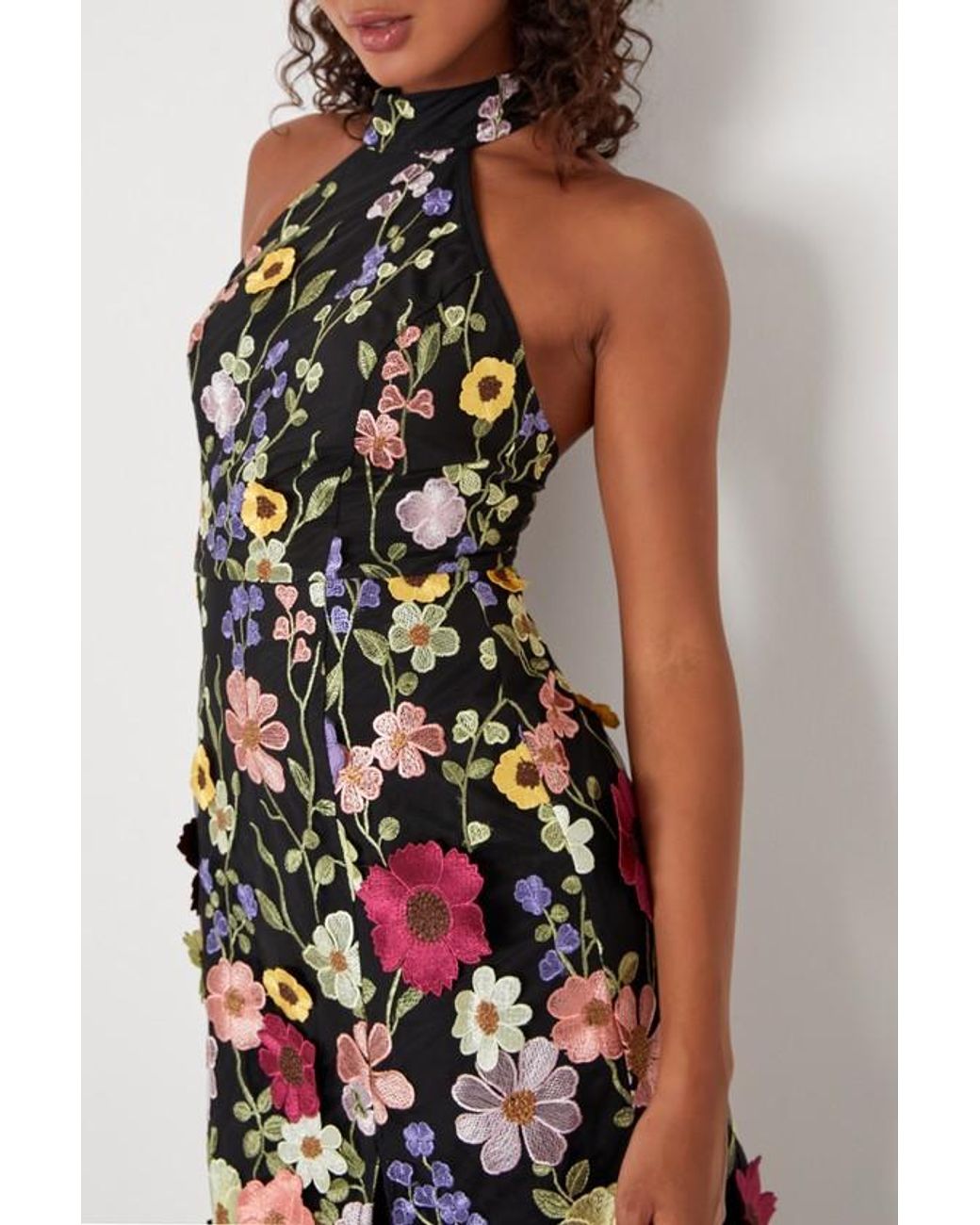 Maya Floral Embroidered Halter Neck Maxi Dress