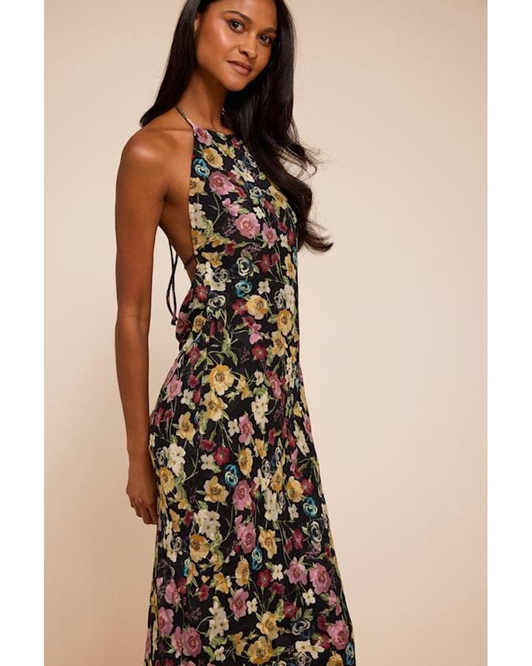 Lulus Natural Mae Multi Floral Backless Midi Dress
